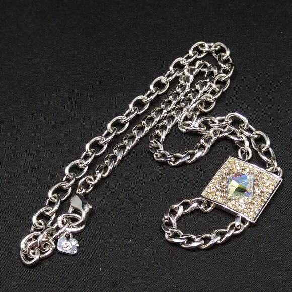 Vintage Swarovski AB Square Pendant Necklace Swan Logo Rhodium - Picture 4 of 9
